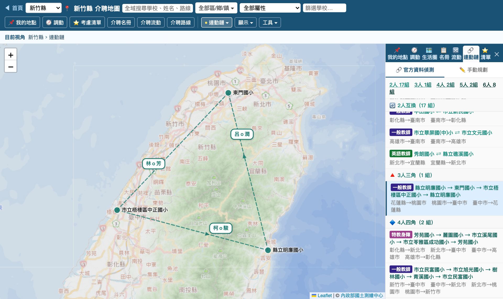 連動鏈偵測：從官方縣外介聘資料找到花蓮縣、桃園市、臺中市三校的三角連動