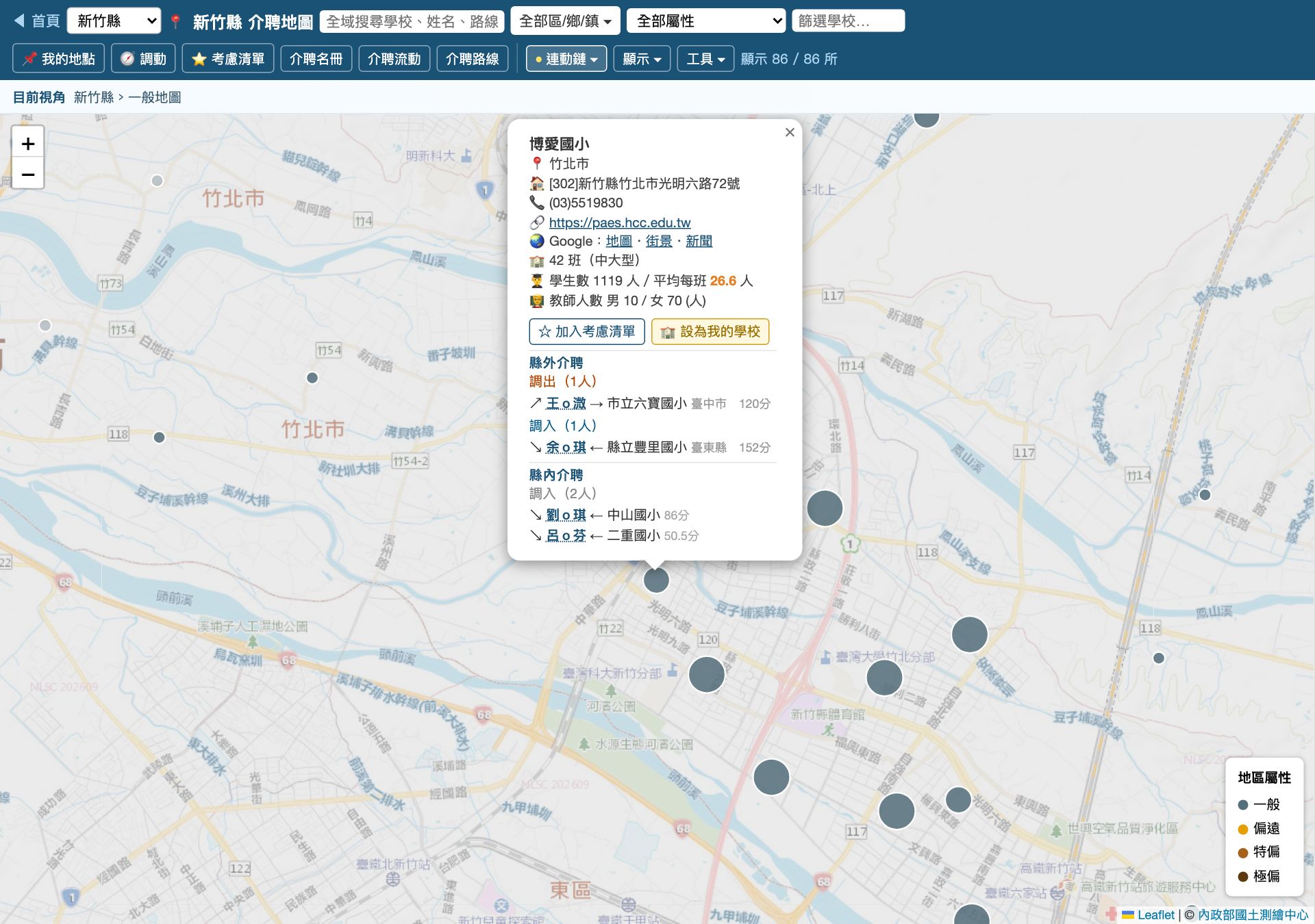 新竹縣博愛國小的資訊視窗：地址電話網站、42 班中大型、學生 1119 人、教師人數，以及縣外調出 1 人、調入 1 人與縣內調入 2 人