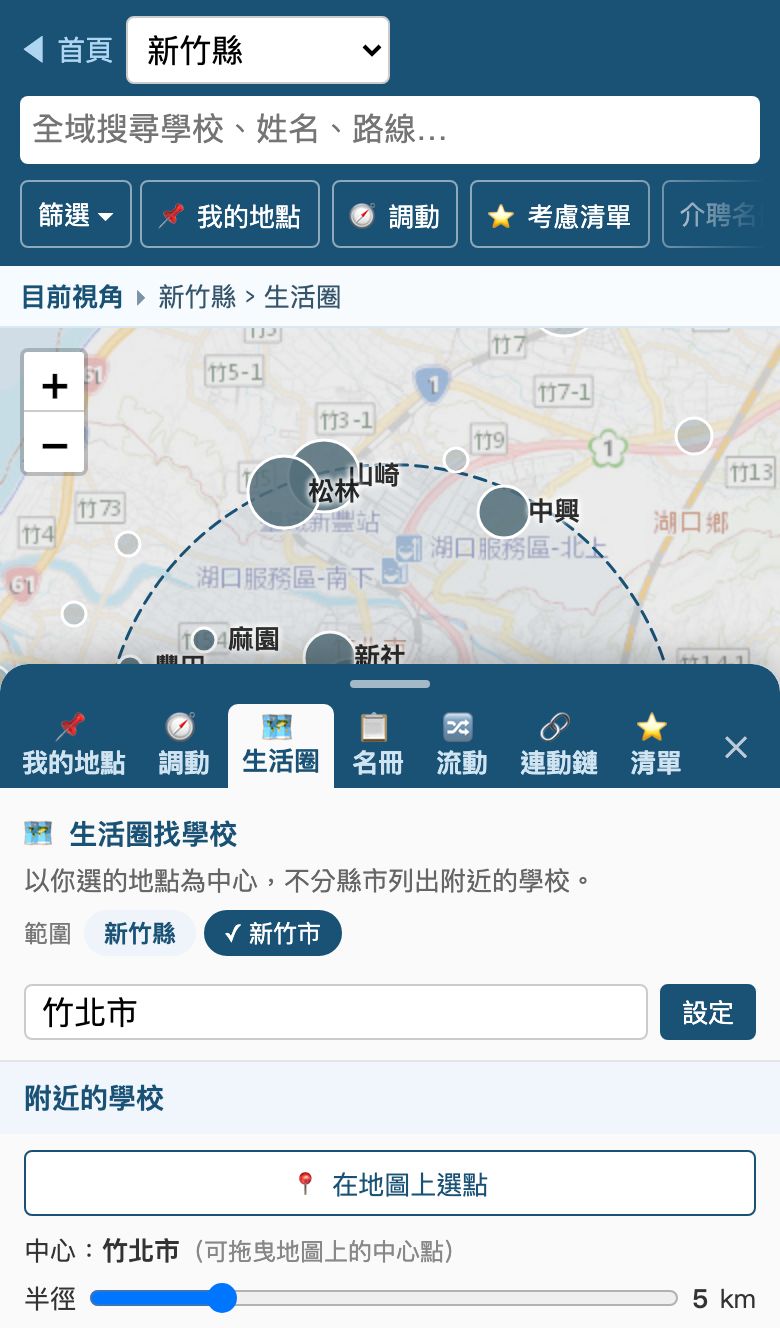 手機版生活圈：上方是地圖與圓圈，下方抽屜半開，顯示分頁、範圍與附近的學校